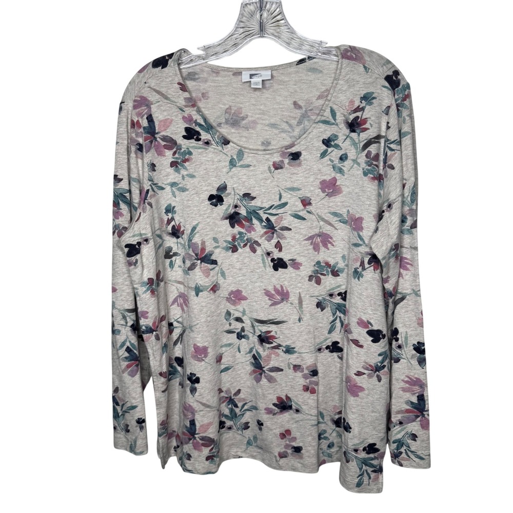 Pure Jill Women's 1X‎ Long Sleeve Floral Print Casual Top Gray